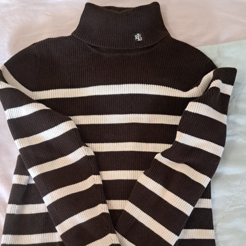 Ralph Lauren Chocolate Brown & Cream Striped Turtleneck Sweater